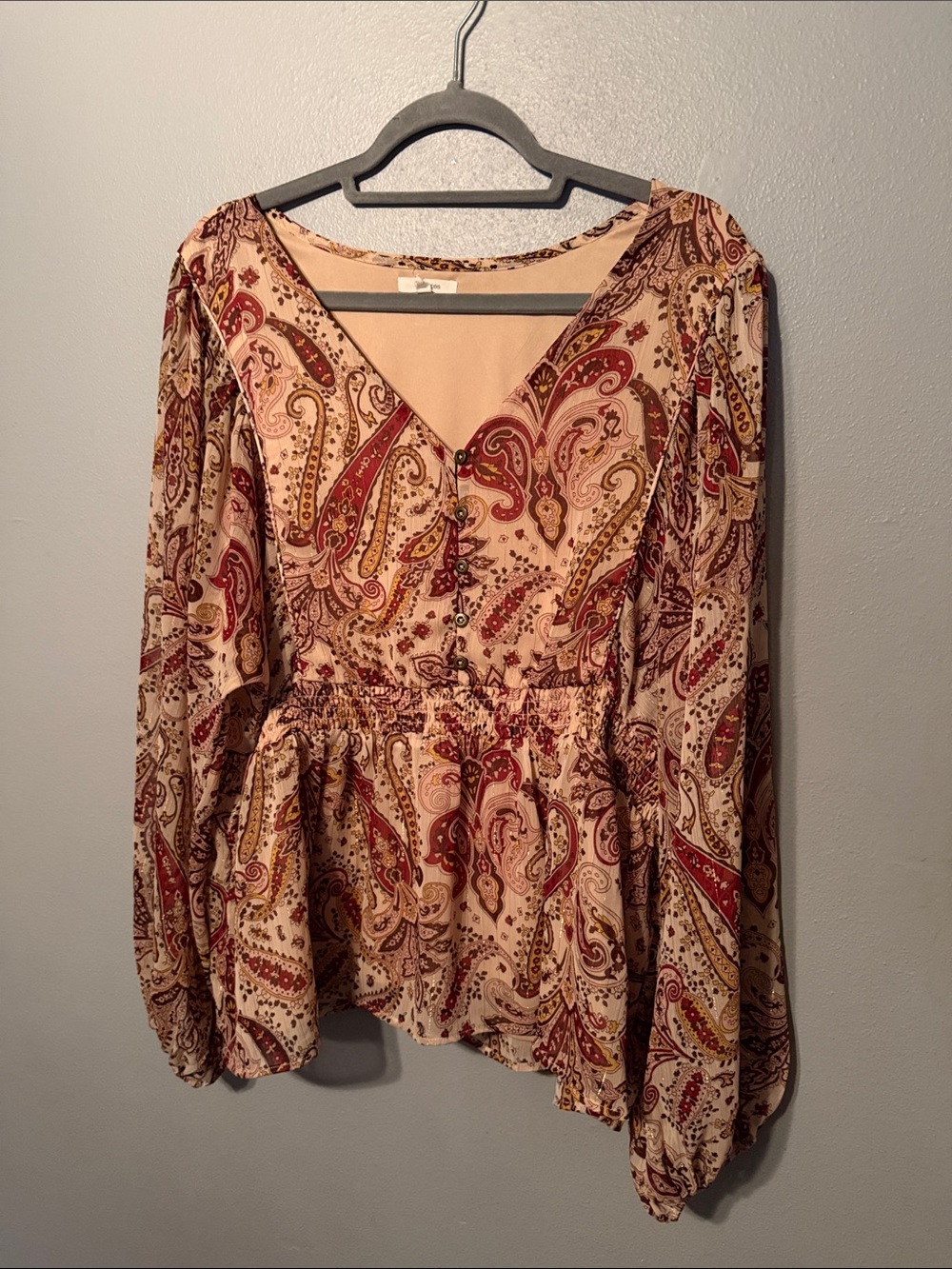 Maurices Beige and Burgundy Paisley V-Neck Peplum Blouse